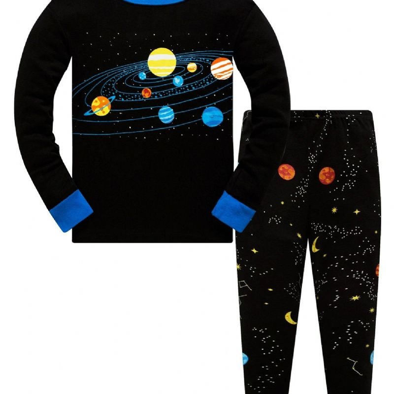 Popshion 2stk Gutter Starry Sky Cosmic Planet Langermet Pyjamas Bomullsdress