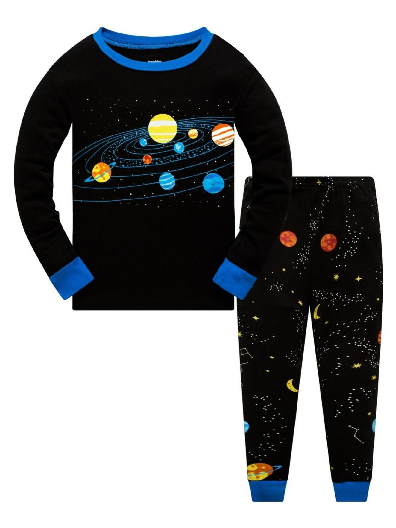 Popshion 2stk Gutter Starry Sky Cosmic Planet Langermet Pyjamas Bomullsdress