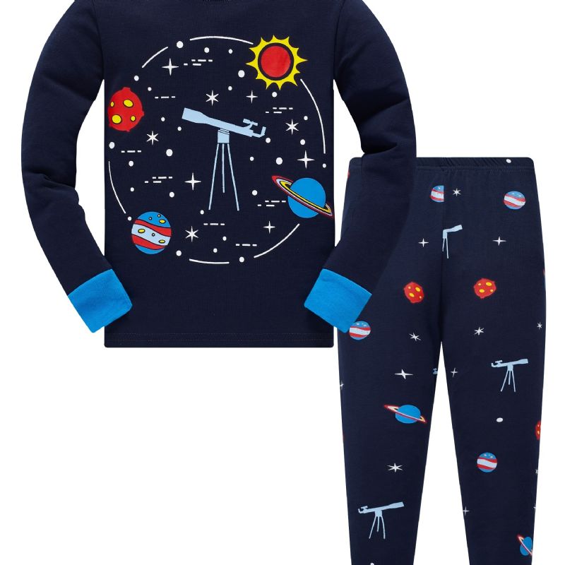 Popshion 2stk Gutter Starry Sky Cosmic Planet Langermet Pyjamas Bomullsdress