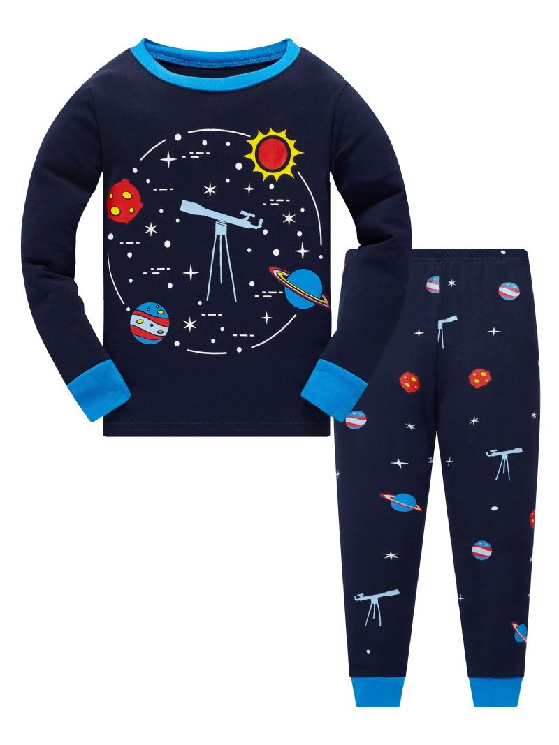 Popshion 2stk Gutter Starry Sky Cosmic Planet Langermet Pyjamas Bomullsdress