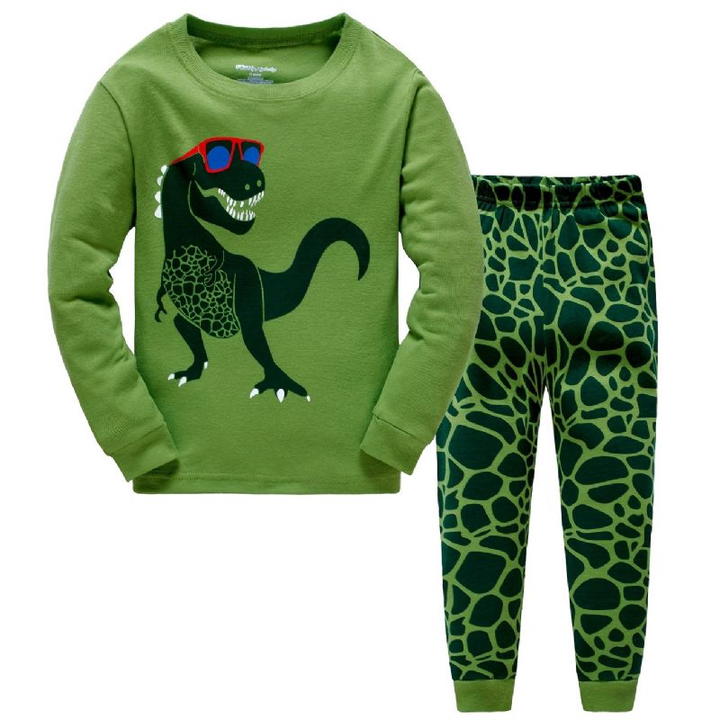 Popshion Guttens Pyjame Sett 2stk Casual Dinosaur Crewneck Army Green Loungewear