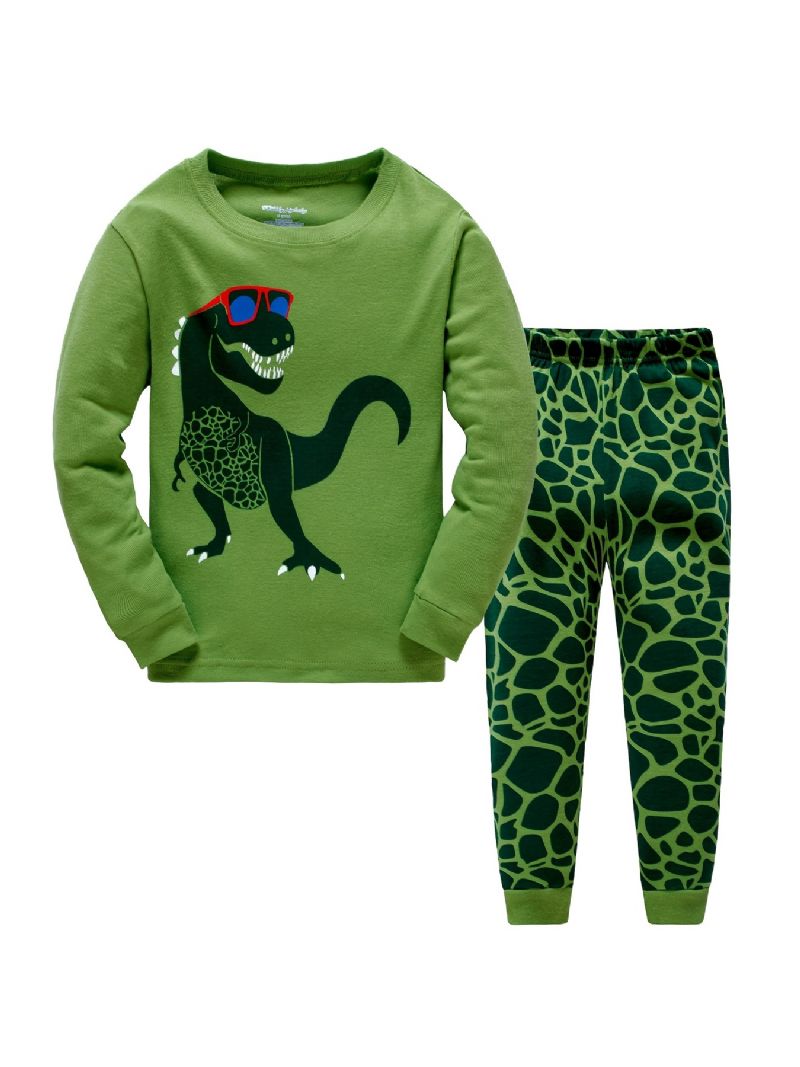 Popshion Guttens Pyjame Sett 2stk Casual Dinosaur Crewneck Army Green Loungewear