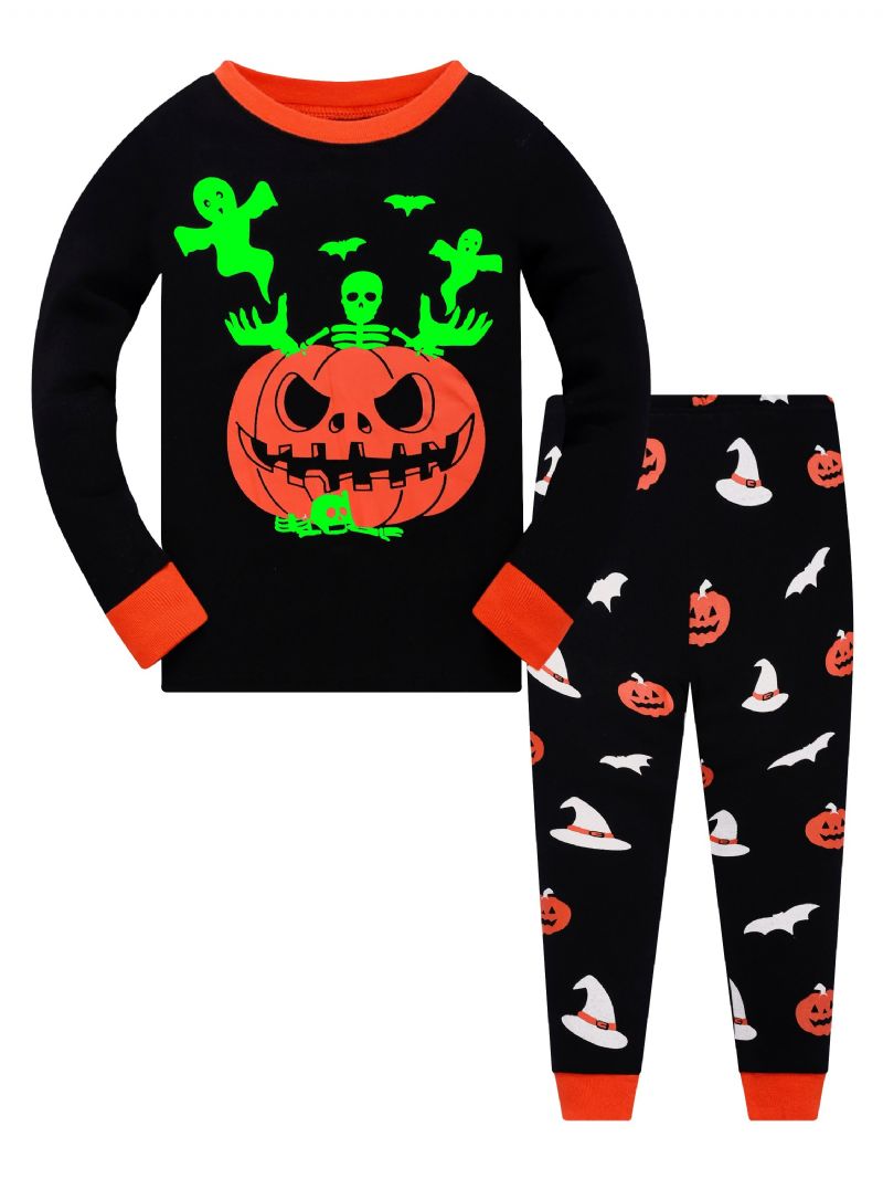 Popshion Gutter Fluorescerende Halloween Pumpkin Skull Flaggermus Langermet Pyjamasbuksesett