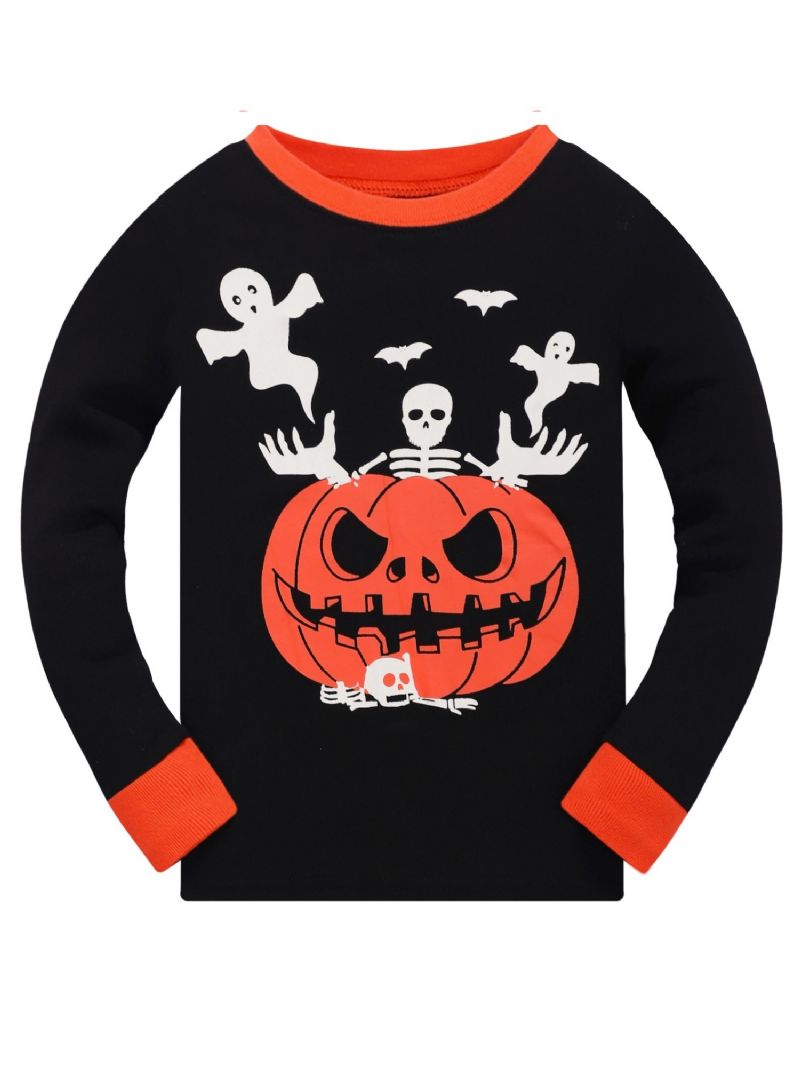 Popshion Gutter Fluorescerende Halloween Pumpkin Skull Flaggermus Langermet Pyjamasbuksesett