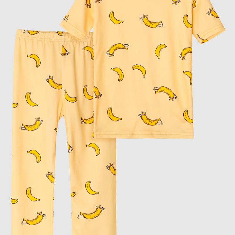 Pyjamas For Barn Banantrykk Med Rund Hals Med Korte Ermer Og Bukser For Gutter Jenter