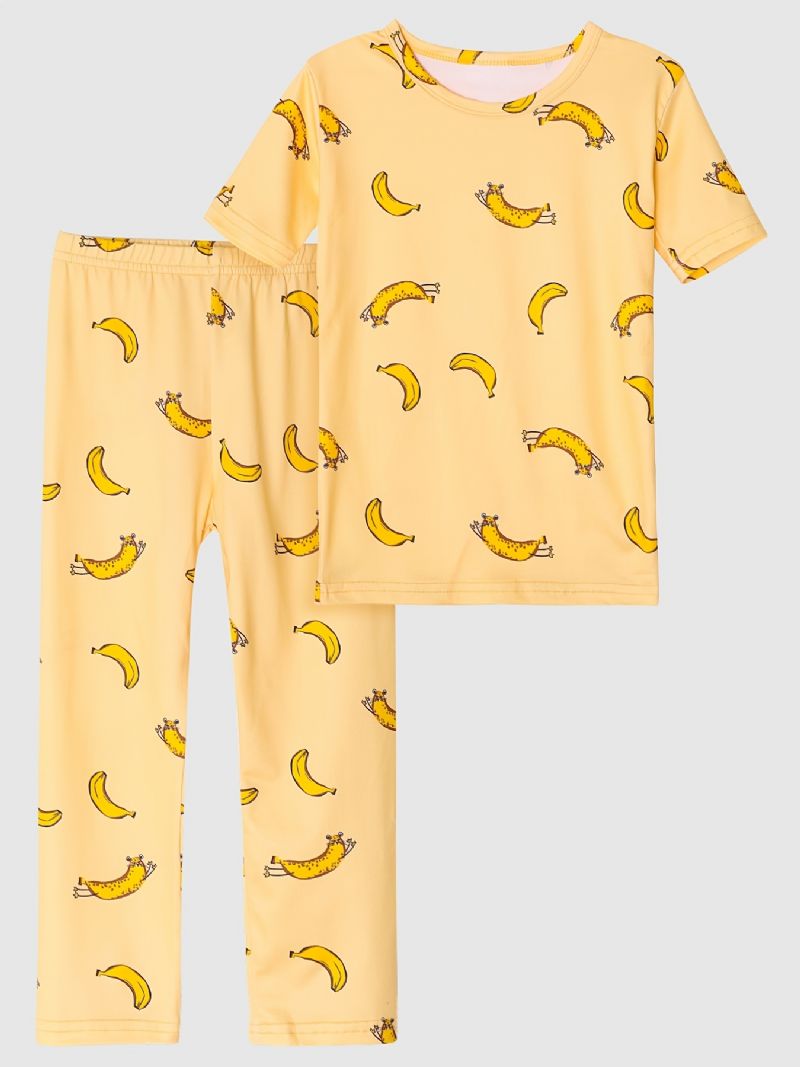 Pyjamas For Barn Banantrykk Med Rund Hals Med Korte Ermer Og Bukser For Gutter Jenter