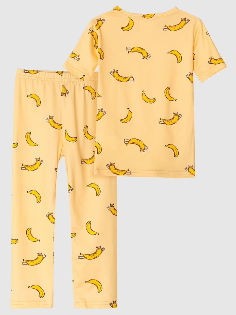 Pyjamas For Barn Banantrykk Med Rund Hals Med Korte Ermer Og Bukser For Gutter Jenter