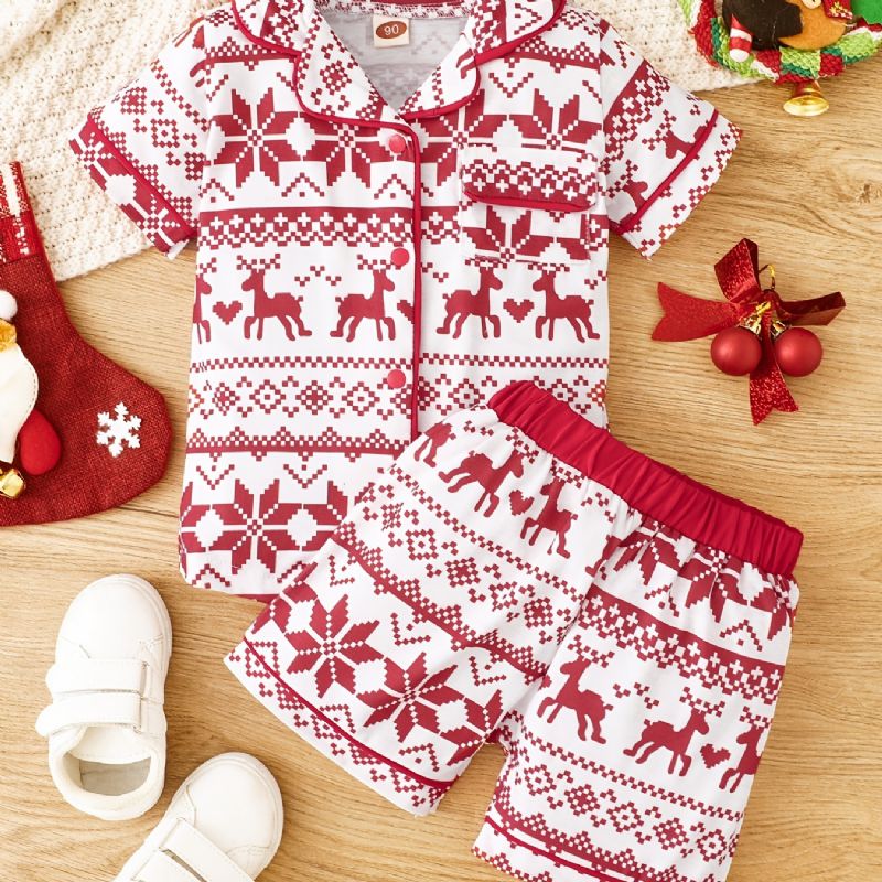 Pyjamas For Barn Christmas Elg Print Kortermet Topp & Shorts Sett For Gutter Jenter