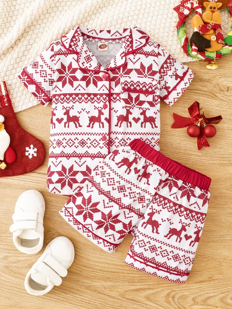 Pyjamas For Barn Christmas Elg Print Kortermet Topp & Shorts Sett For Gutter Jenter