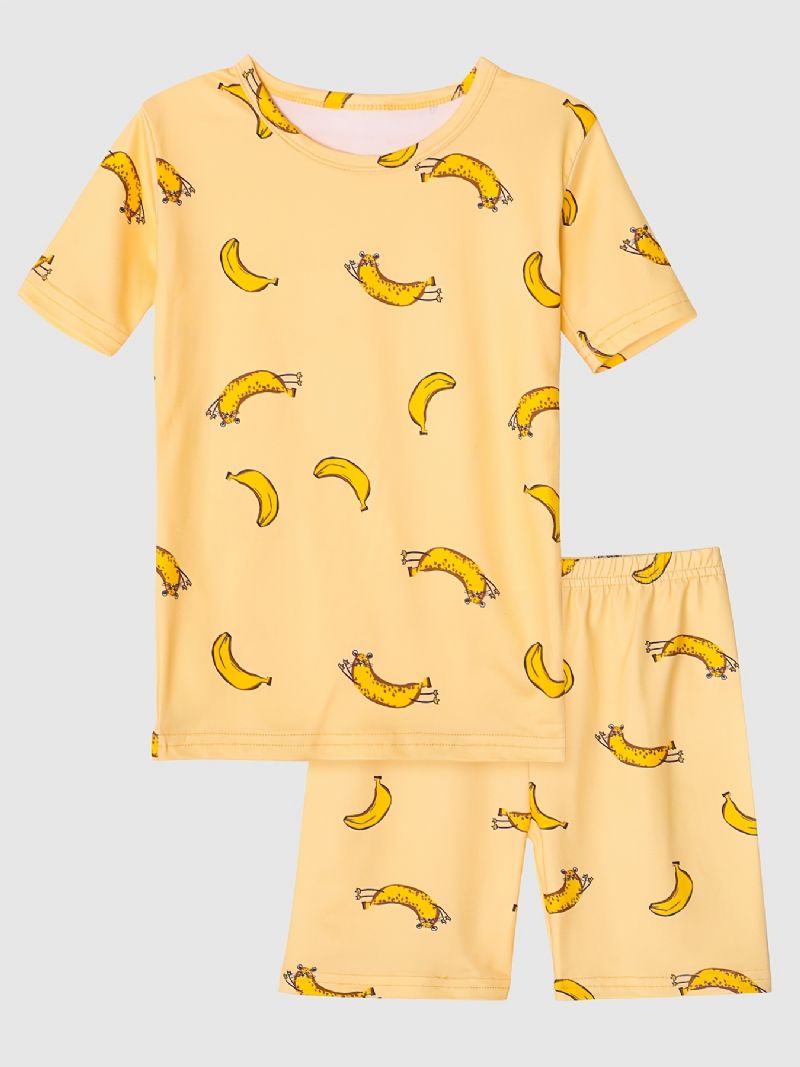 Pyjamas For Jenter Familieantrekk Banantrykk Rundhalset Kortermet T-skjorte Og Shortssett Barneklær