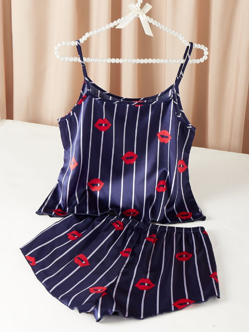 Silkemyke Lepper Mønster Sateng Pyjamas Crop Cami Top & Gutter Shorts Pyjamassett Dameundertøy Og Nattøy