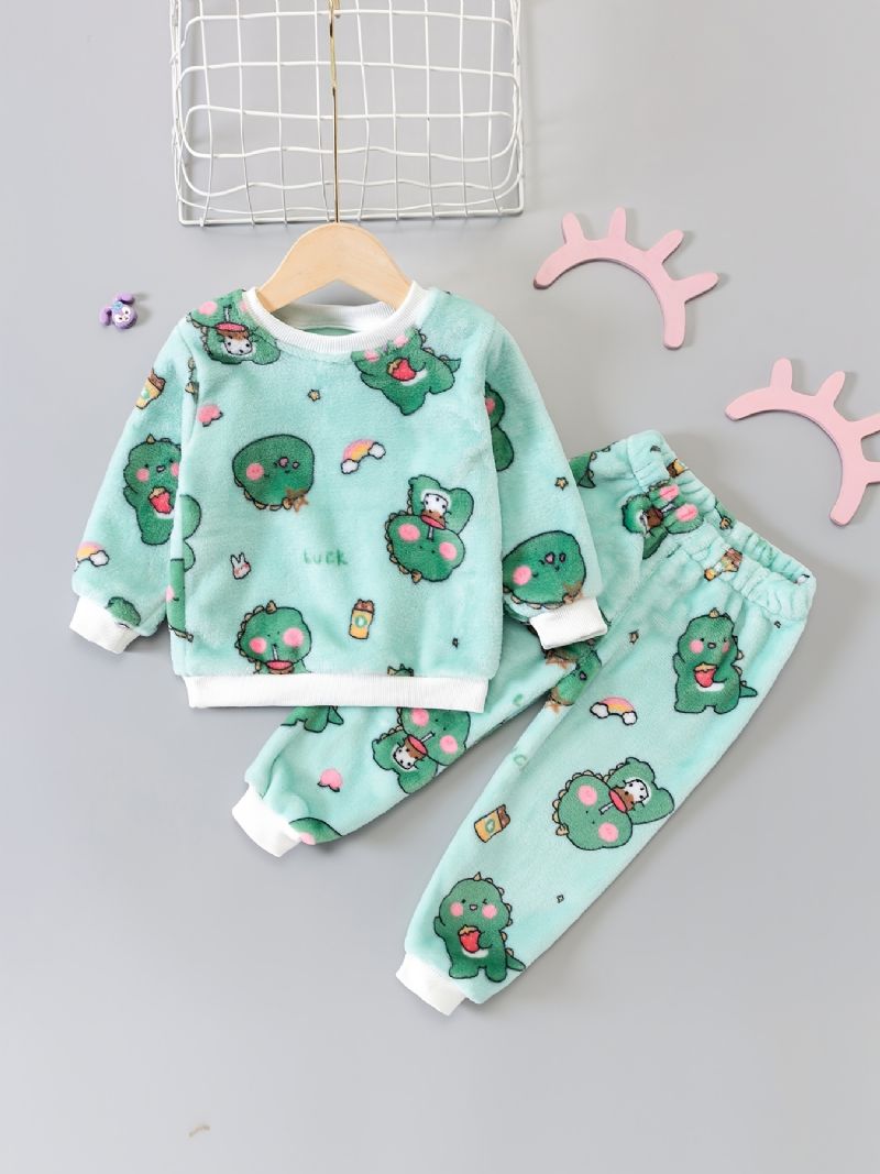 Småbarn Baby Plysj Pyjamas Familieantrekk Dinosaur Print Rundhals Langermet Topp Og Buksesett For Gutter Jenter Barneklær