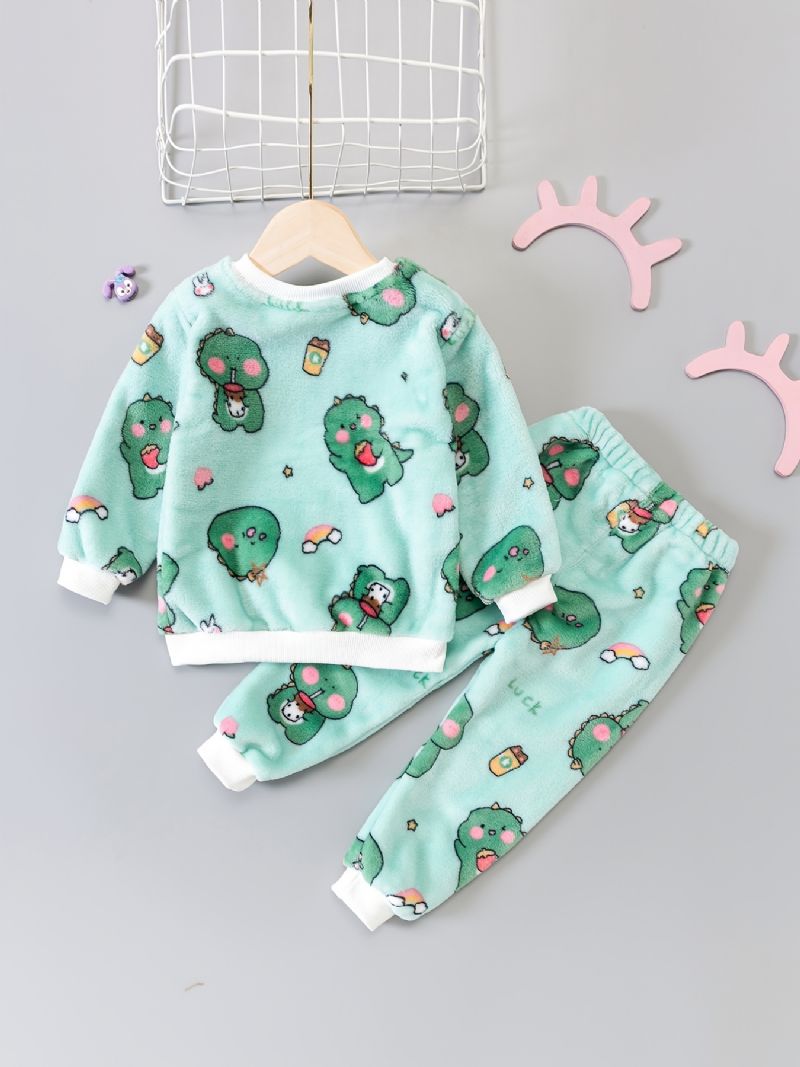 Småbarn Baby Plysj Pyjamas Familieantrekk Dinosaur Print Rundhals Langermet Topp Og Buksesett For Gutter Jenter Barneklær