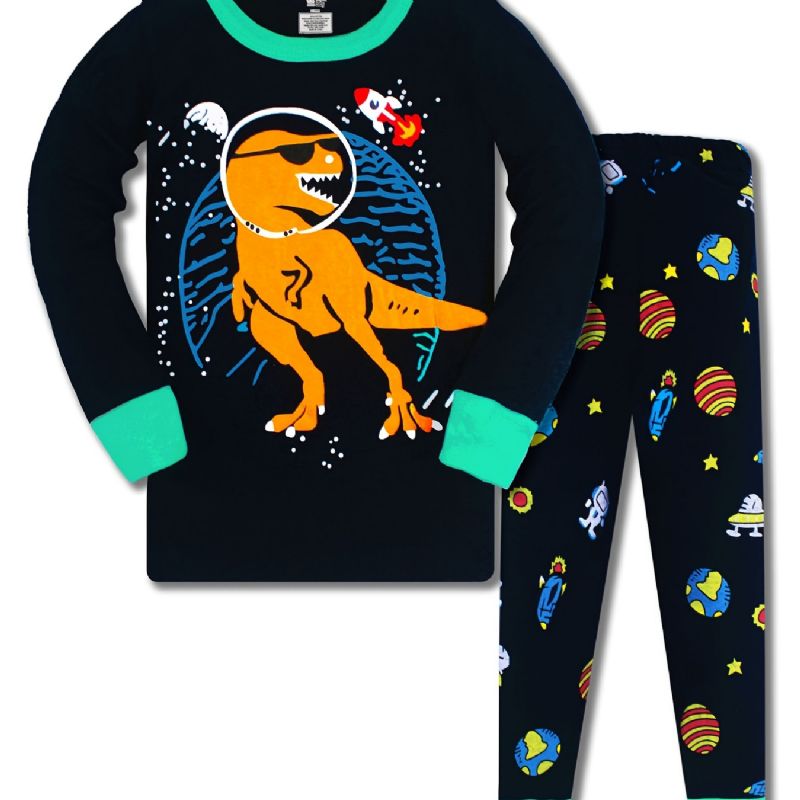 Søte Gutter Tegneserie Dinosaurer Print Pyjamas Sett Med Lange Ermer Rund Hals Topper Og Bukser Til Vinter