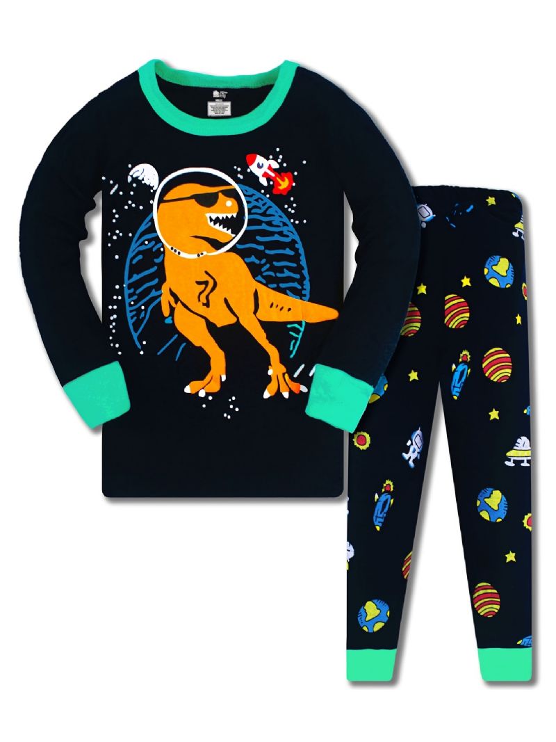 Søte Gutter Tegneserie Dinosaurer Print Pyjamas Sett Med Lange Ermer Rund Hals Topper Og Bukser Til Vinter