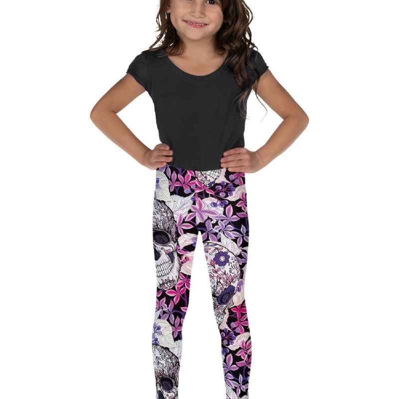 Jenter High Stretch Myke Leggings Mix Rosa Fiolett Flower Skulls Print