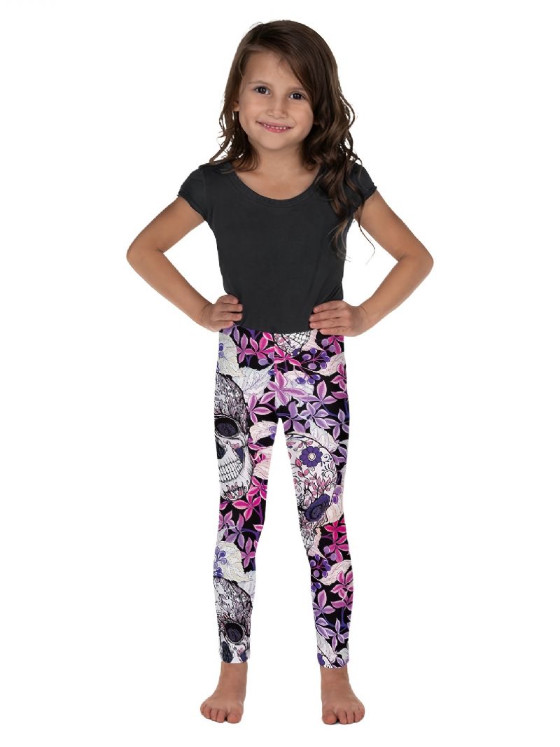 Jenter High Stretch Myke Leggings Mix Rosa Fiolett Flower Skulls Print