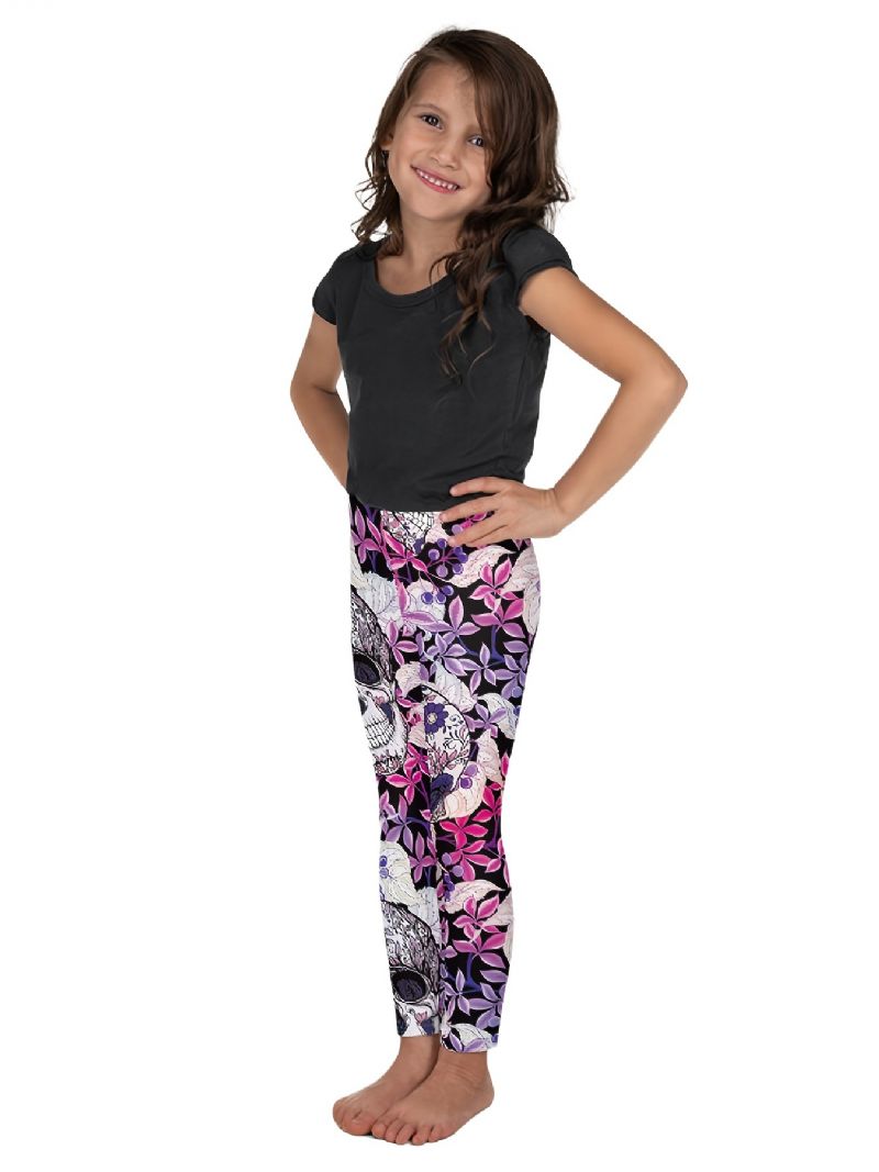 Jenter High Stretch Myke Leggings Mix Rosa Fiolett Flower Skulls Print