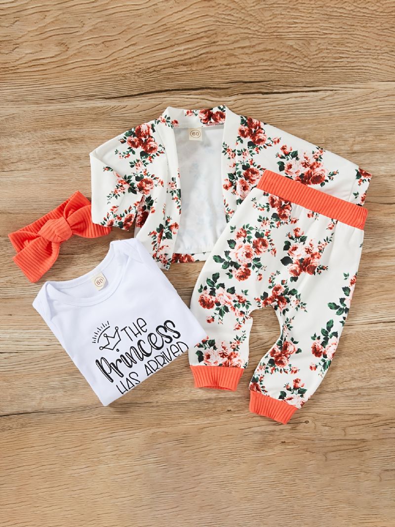 4 Stk Newborn Baby Jenter Brevtrykk Langermet Romper & Ditsy Floral Bukser & Pannebånd & Cardigan Coat Barneklær Sett