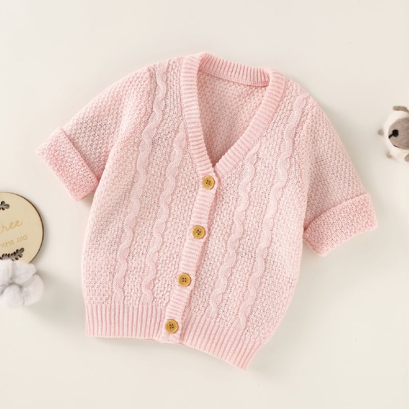 Kids Toddler Baby Jenter Solid Stripe Cable Strikket Cardigan Med V-hals