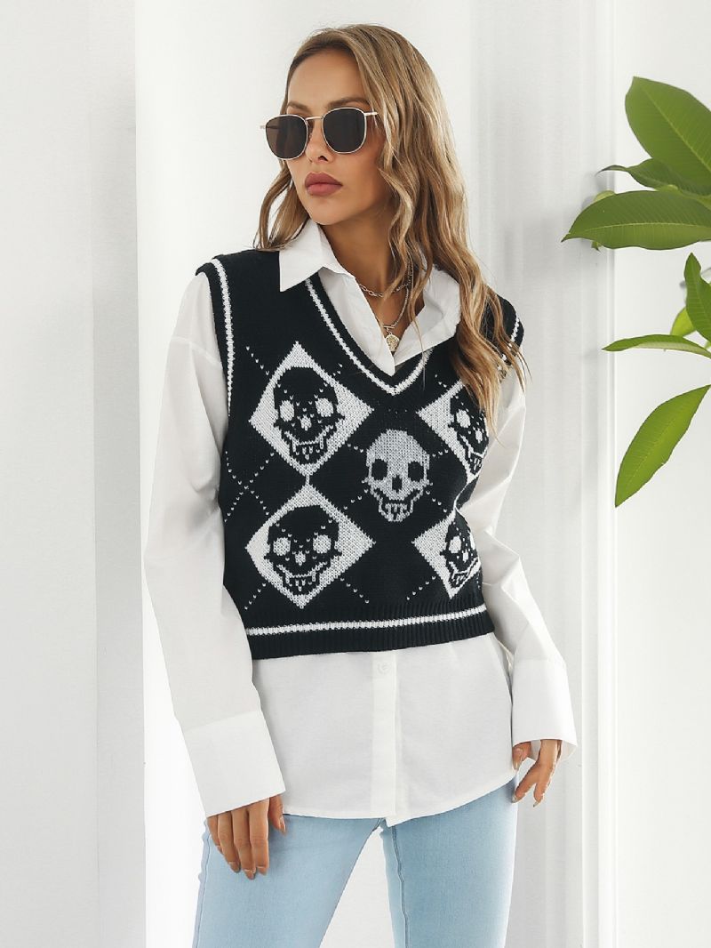 Damegensere Y2k Halloween Skull Jacquard Argyle Tankgenser Småbarn Jenter Western Hem Strikket Bluse