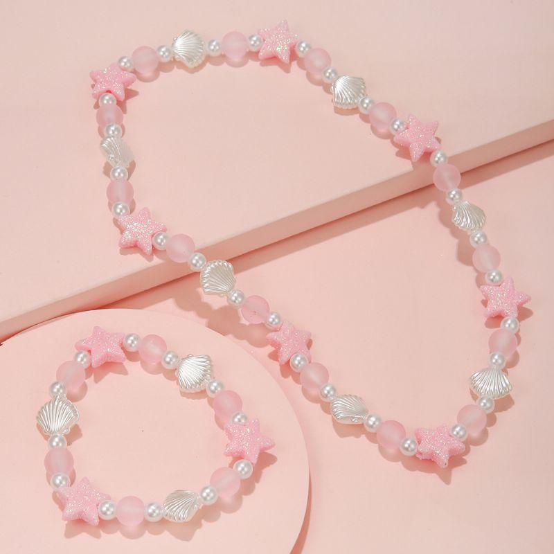 Jenter Halskjede Sett Hvit Shell Pink Star Stretch Beads Armbånd