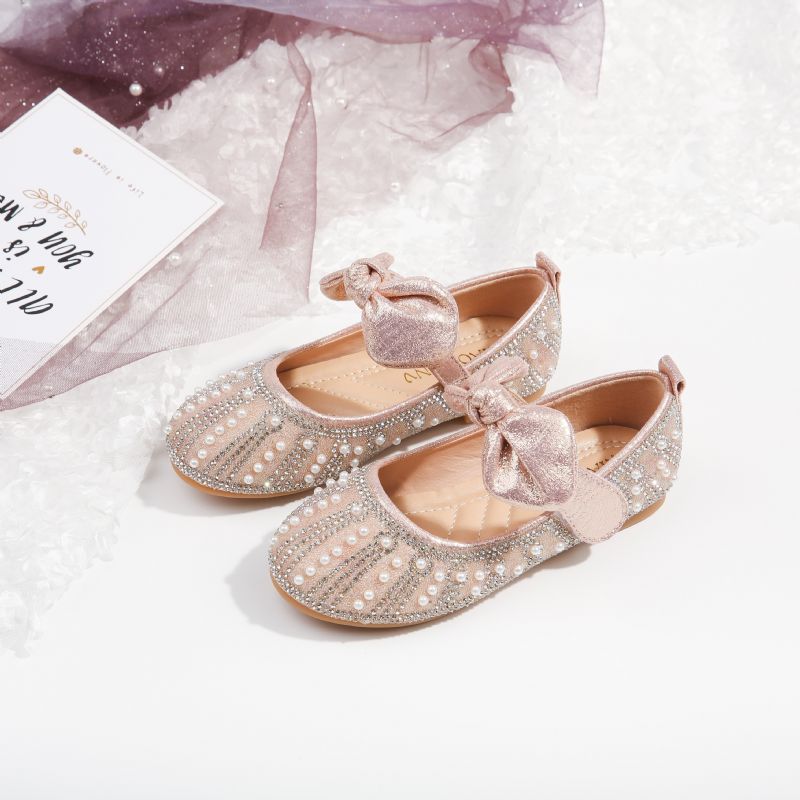 Jenter Elegant Sløyfe Mary Jane Sko Med Faux Pearl Rhinestone Flat Sole Prinsesse Sko For Bryllupsfest Performance