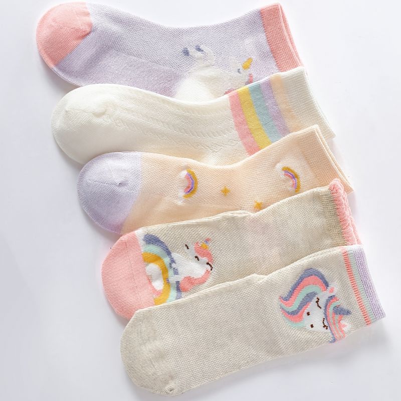 5 Par Barnesokker Tegneserie Unicorn Rainbow Mesh Pustende Bomullssokker For Jenter