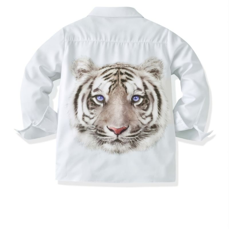 Høst Vinter Gutter Casual Tiger Digital Print Ensfarget Langermet Skjorte