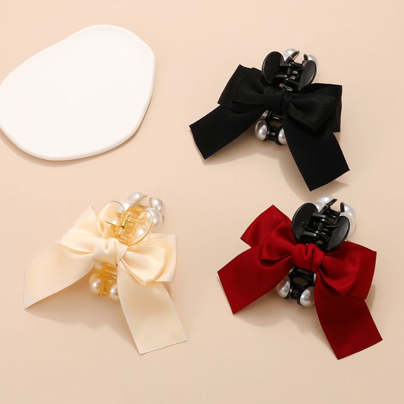 Big Bow Hair Claw Clip Glansikker Perlehår Jaw Søt Styling Hårtilbehør For Kvinner Jenter Ball Party Gift