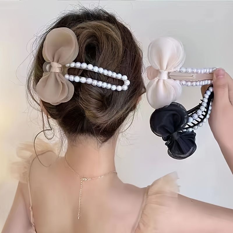 Faux Pearl Hair Claw Clips Sløyfe Hodeplagg Tykt Langt Hår Kjeveklemmer Hårnål For Kvinner Jenter