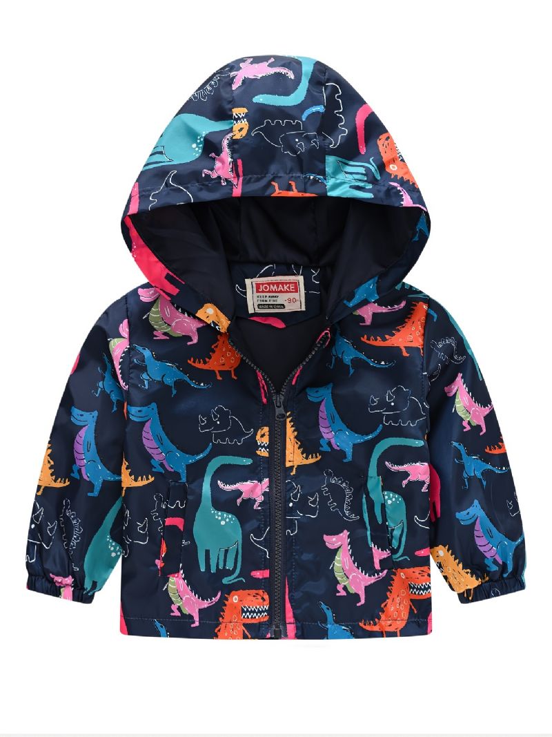 1 Stk Casual Søt Dinosaur Print Glidelås Hettejakke Cardigan Krage Termojakke For Vinter Gutter Jenter