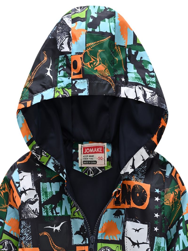 1 Stk Gutter Jenter Casual Søt Dinosaur Print Glidelås Hettejakke Cardigan Krage Fleece Termisk Jakke Til Vinter