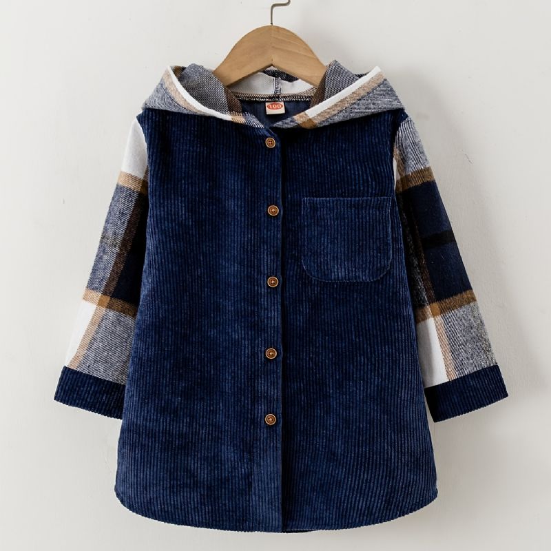 Baby Gutter Corduroy Hettejakke Knapp Color Block Coat Barneklær