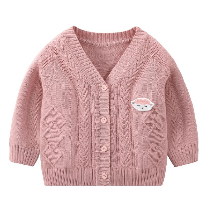 Baby Jenter Gutter Strikket Cardigan V-hals Genser Termisk Jakke Med Tegneseriedesign Til Vinter Babyklær