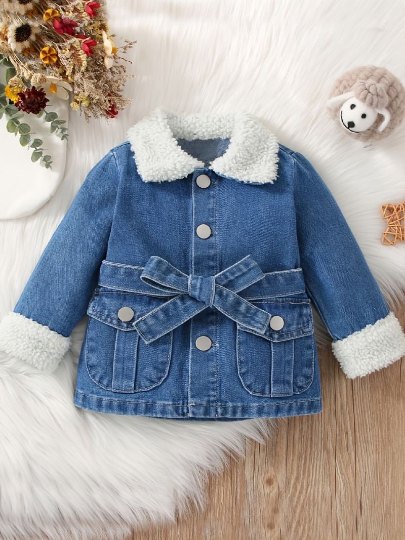 Baby Jenter Lapel Denim Jakke Med Sløyfe Belte For Høst Vinter Ny