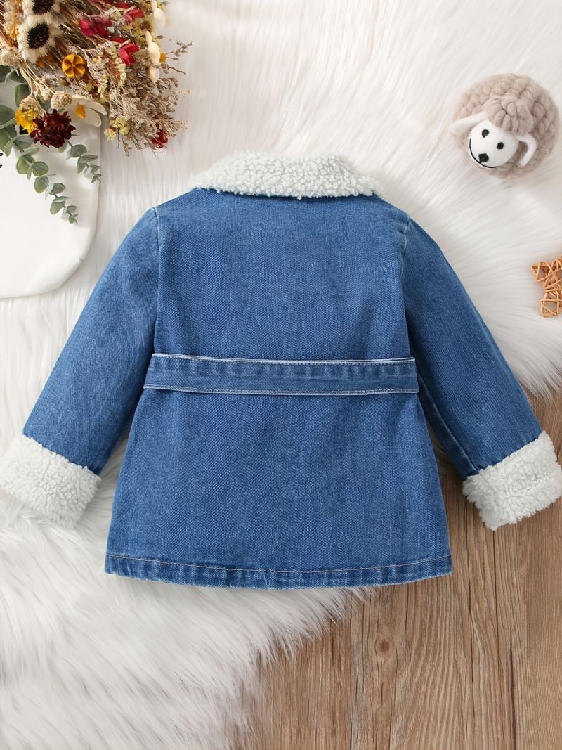 Baby Jenter Lapel Denim Jakke Med Sløyfe Belte For Høst Vinter Ny