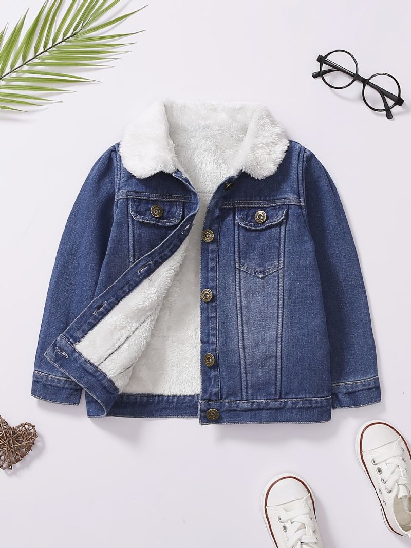 Baby Jenter Lapel Jakke Button Down Denim Frakk Plysj Varm Vinter For Gutter Barneklær