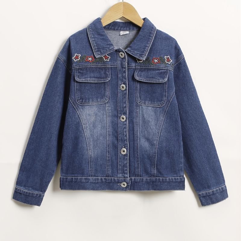 Høst Vinter Jenter Fasjonable Brodert Flower Lapel Denim Jacket