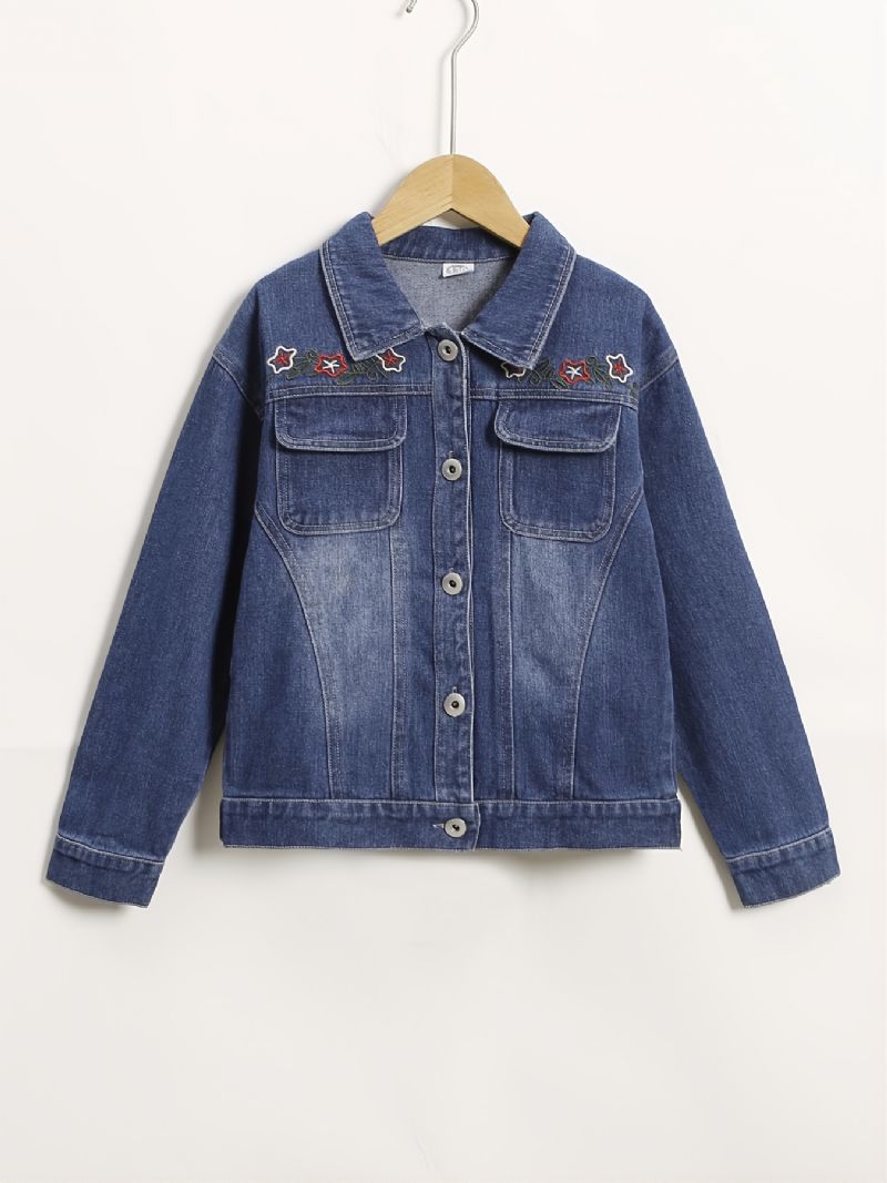 Høst Vinter Jenter Fasjonable Brodert Flower Lapel Denim Jacket