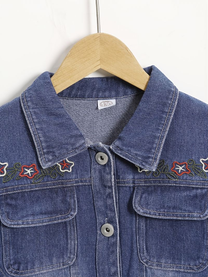 Høst Vinter Jenter Fasjonable Brodert Flower Lapel Denim Jacket