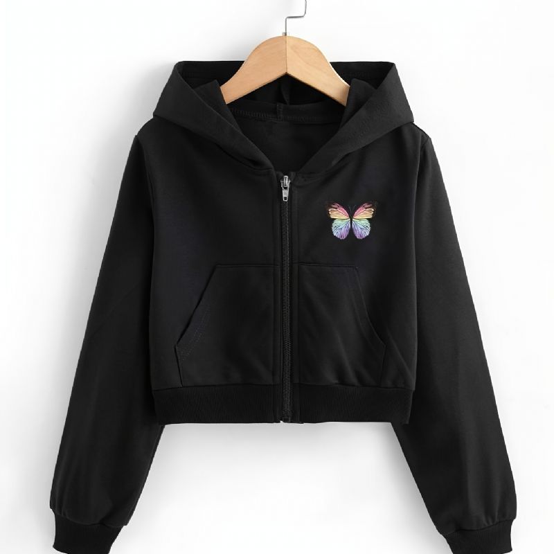 Jenter Crop Top Hettegensere Butterfly Print Zip Up Jacket Barneklær