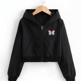 Jenter Crop Top Hettegensere Butterfly Print Zip Up Jacket Barneklær