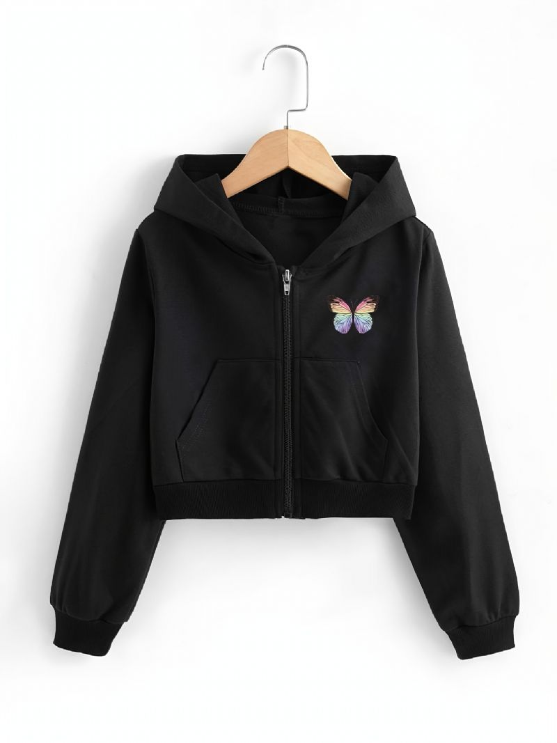 Jenter Crop Top Hettegensere Butterfly Print Zip Up Jacket Barneklær