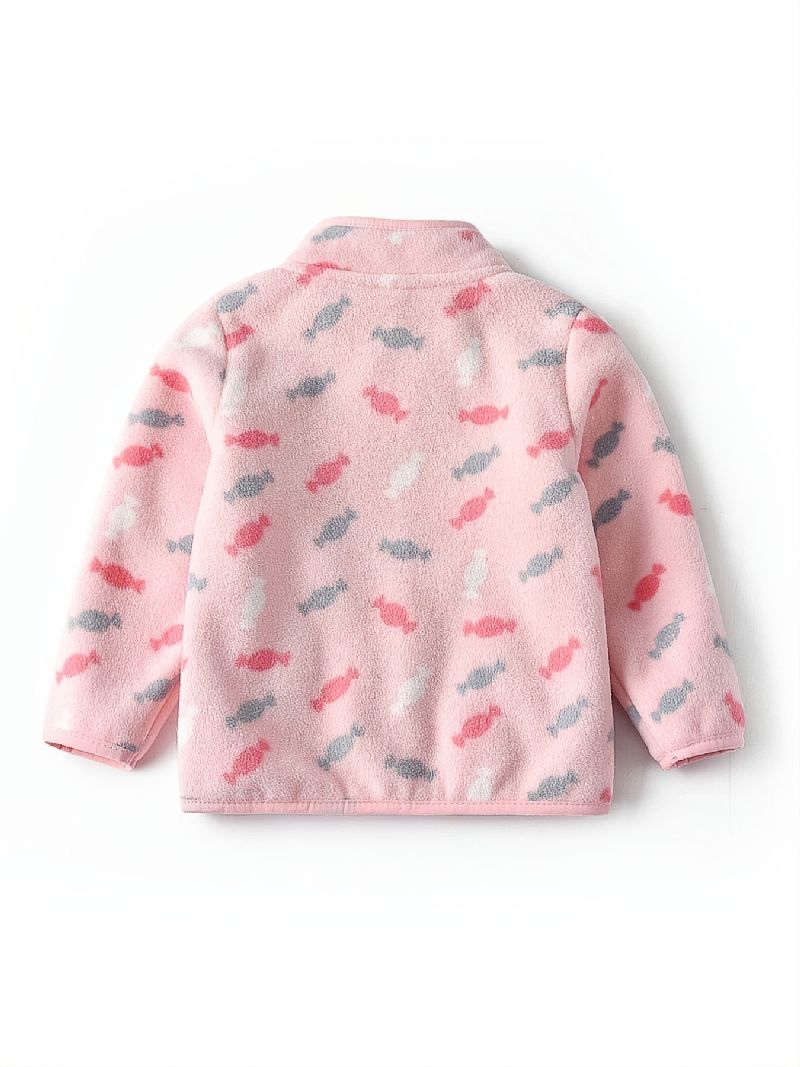 Jenter Ny Tykket Fleece Stativ Krage Jakke Med Candy Print Yttertøy Til Vinter Rosa