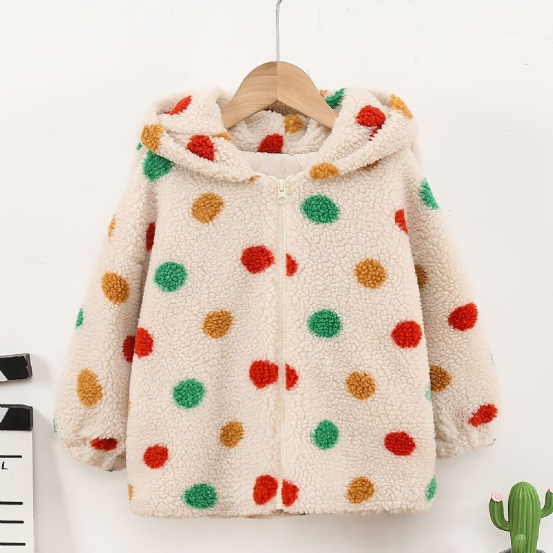 Jenter Polka Dots Glidelås Hettejakke Fleece Tykket Varm Vinter